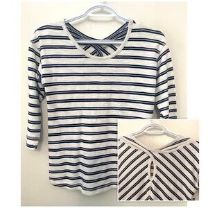 💯% Cotton Talbots Black and White Striped Cross Back 1/4 Sleeve Top